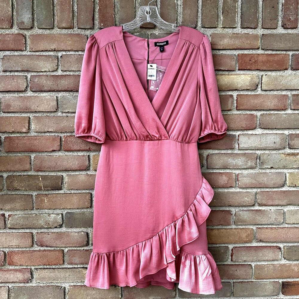 Express Women’s S Pink Ruffle Faux Wrap Mini Dress Puff Sleeve NWT
